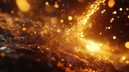 This stunning close-up captures a golden water splash, emitting a magical glow with sparkling droplets against a dark background, perfect for artistic projects.の素材