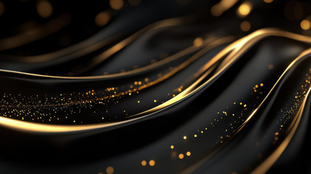 This captivating image features a luxurious black fabric adorned with shimmering gold highlights and delicate glitter, creating a mesmerizing visual flow.の素材