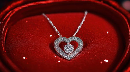 This stunning heart-shaped necklace features a brilliant diamond accent, beautifully placed against a rich red velvet background, perfect for a romantic gift.の素材