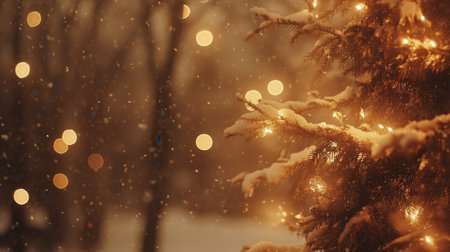 A beautiful winter scene featuring a snow-covered Christmas tree adorned with warm glowing lights, set against a softly blurred background of falling snow.の素材