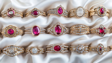 This beautiful collection features an array of gold rings adorned with vibrant rubies and sparkling diamonds, elegantly arranged on soft satin fabric.の素材