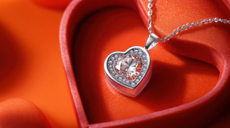 This captivating image features a heart-shaped silver necklace adorned with a sparkling gemstone, set against a vibrant red background, symbolizing love and elegance.の素材