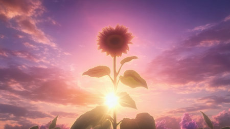 This enchanting image captures a stunning sunflower silhouette set against a colorful sunset sky, creating a serene and peaceful atmosphere. Perfect for nature enthusiasts.の素材