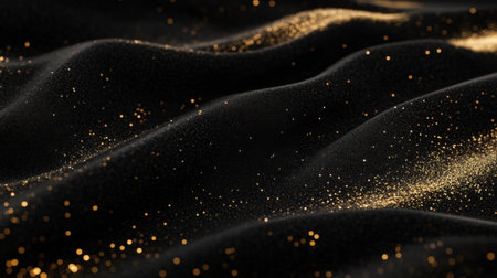This abstract image features rich black fabric adorned with shimmering golden glitters, creating a luxurious and elegant texture. Ideal for designs needing a touch of glamour.の素材