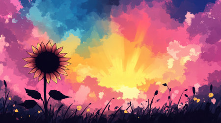 This stunning artwork depicts a vibrant sunflower silhouetted against a colorful sunset sky. The dramatic cloud patterns and vivid colors create a serene atmosphere, perfect for nature lovers.の素材