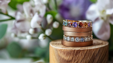 This stunning display features elegant wedding rings on a wooden stand, surrounded by soft flowers, symbolizing love and beautiful commitment.の素材