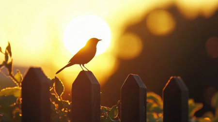 A stunning silhouette of a bird perched on a fence post, set against a vibrant sunset backdrop. The golden hues create a peaceful natural scene that evokes tranquility and beauty in the outdoors.の素材