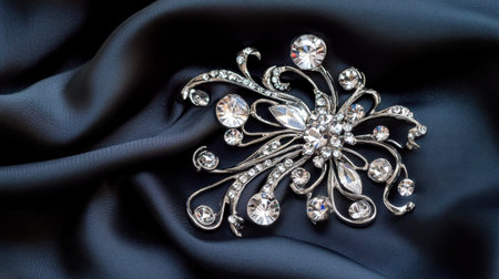 This stunning silver brooch features sparkling crystals set against luxurious black satin fabric, showcasing intricate design and elegant craftsmanship.の素材