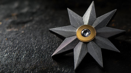 This close-up image showcases a meticulously crafted star-shaped emblem featuring a central gemstone, set against a dark textured surface, highlighting elegance and craftsmanship.の素材