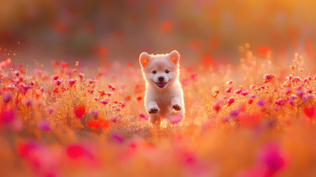 A cute puppy joyfully runs through a vibrant field filled with blooming flowers during sunrise, capturing a moment of pure happiness and freedom.の素材