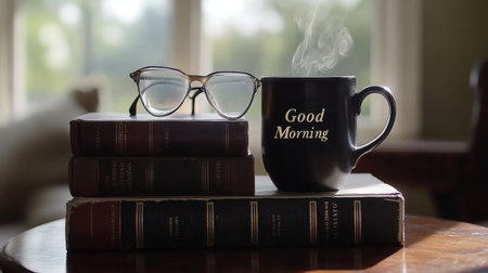 A tranquil morning scene featuring a steaming coffee mug, stylish glasses, and stacked vintage books beside a bright window. Perfect for inspiring relaxation.の素材