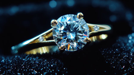 This stunning gold ring features a round brilliant diamond as its centerpiece, set against an elegant dark velvet background, showcasing luxury and beauty.の素材