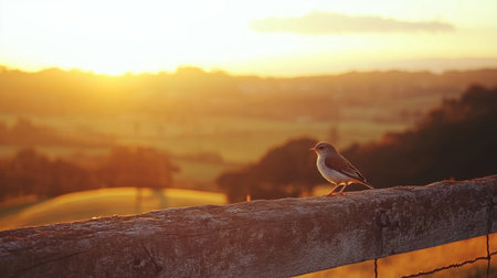 A small bird perches on a weathered wooden fence, bathed in the soft, warm light of sunrise over rolling hills, capturing a moment of serene beauty in nature.の素材