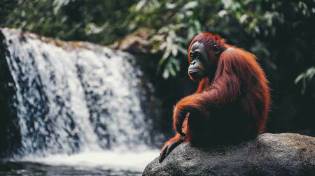 A solitary orangutan sits thoughtfully on a rock near a tranquil waterfall in a lush jungle, showcasing the beauty of wildlife and nature.の素材
