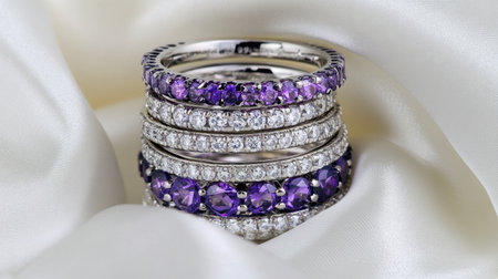 A stunning array of purple and clear gemstone rings elegantly stacked on a soft satin surface, showcasing luxury and exquisite craftsmanship.の素材