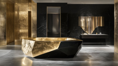 This stunning bathroom interior showcases a unique geometric bathtub in gold and black, enhancing the luxurious atmosphere of the elegant space.の素材