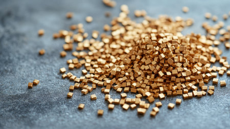 A captivating display of golden metallic cubes scattered on a dark surface, showcasing luxury and elegance. This image highlights richness and visual appeal.の素材