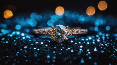 A beautiful diamond ring shines brightly against a sparkling blue background, featuring soft bokeh lights that enhance its elegance, perfect for luxury showcases.の素材