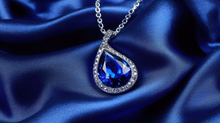 This stunning blue gemstone pendant necklace features a teardrop design with sparkling diamonds, elegantly resting on luxurious satin fabric, perfect for fashion lovers.の素材