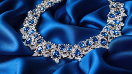 This image showcases an exquisite blue gemstone necklace elegantly laid on rich satin fabric, highlighting the stunning design and luxurious texture.の素材