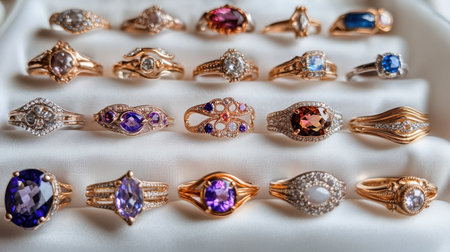 This exquisite arrangement features an elegant collection of rose gold rings adorned with vibrant gemstones, showcasing intricate designs and details.の素材
