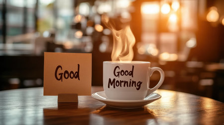 A beautifully captured scene of a steaming coffee mug beside a cheerful note reading "Good Morning" in a cozy cafe. Perfect for conveying warmth and positivity.の素材