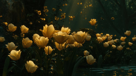 A mesmerizing scene captures golden flowers glowing in a serene forest, illuminated by soft sunlight filtering through the trees, creating a magical atmosphere.の素材