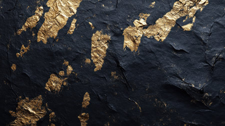 This image showcases a dramatic black surface enhanced with scattered gold leaf accents, perfect for creating luxurious and artistic backgrounds.の素材