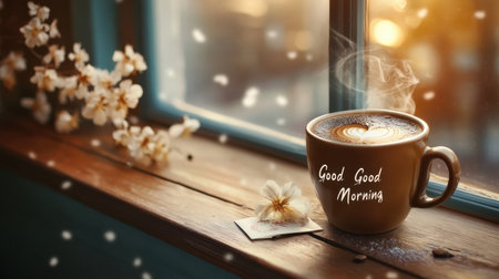 A serene cup of coffee sits on a windowsill, surrounded by soft flowers and morning light, creating a cozy atmosphere perfect for inspiration and relaxation.の素材
