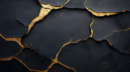 This image features a striking dark cracked wall adorned with shimmering gold highlights, perfect for use in modern design projects and artistic expressions.の素材