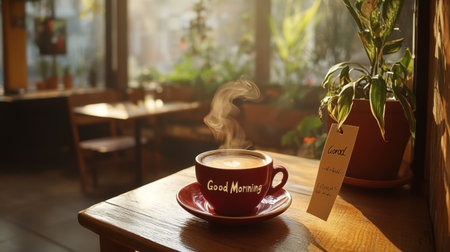 A steaming cup of coffee sits on a wooden table in a cozy cafe, surrounded by green plants and warm morning light, inviting relaxation and joy.の素材