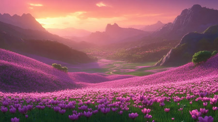 A breathtaking landscape featuring rolling hills covered in vibrant pink flowers, illuminated by a stunning sunset behind majestic mountains.の素材