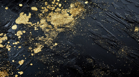 This captivating image features a black surface adorned with golden glitter, offering a striking contrast. Ideal for creative projects, backgrounds, and designs.の素材