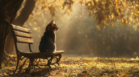 A serene image of a cat sitting on a bench, bathed in soft sunlight, amidst colorful autumn leaves, capturing a moment of peace in nature.の素材