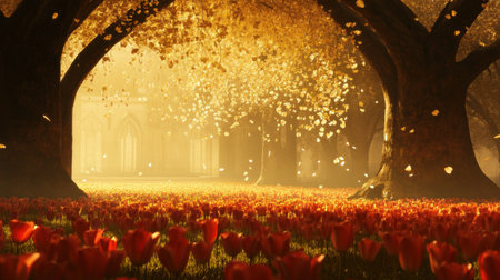 A stunning autumn scene featuring vibrant tulips under majestic trees with softly falling leaves, illuminated by warm golden light, creating a tranquil atmosphere.の素材