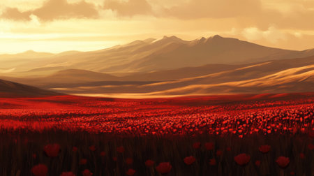 This stunning landscape captures a vibrant poppy field awash in red hues under a soft sunset sky, framed by majestic mountains, evoking tranquility and beauty.の素材