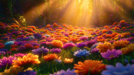 A breathtaking view of a meadow filled with vibrant flowers illuminated by soft sunlight. The enchanting scene captures the essence of nature's beauty and tranquility.の素材