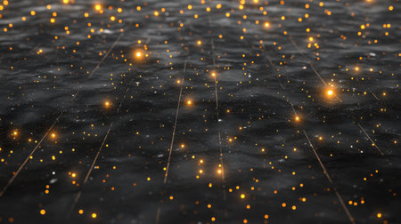 This mesmerizing abstract background features glowing golden particles scattered across a dark surface, creating an enchanting and ethereal atmosphere.の素材