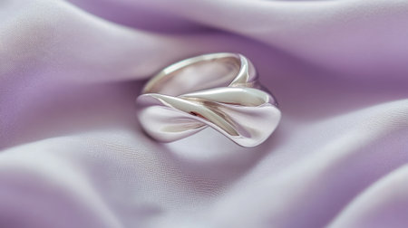 A stunning silver ring is beautifully showcased on soft lavender silk fabric, highlighting its elegant design and polished surface, perfect for jewelry lovers.の素材
