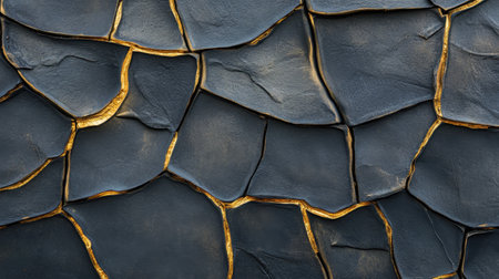 A stunning image of a dark textured surface featuring intricate cracks highlighted by golden accents, perfect for modern design projects and artistic concepts.の素材