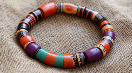 This vibrant handmade wooden bracelet features intricate patterns and bright colors, set against a rustic burlap background that enhances its beauty.の素材