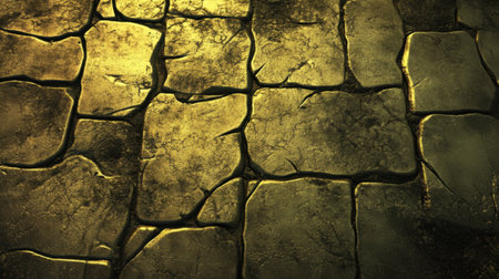 This image showcases a detailed cracked surface with a warm golden brown hue, perfect for backgrounds, designs, and artistic projects. The interplay of light and shadows enhances the texture, providing a rich visual appeal.の素材