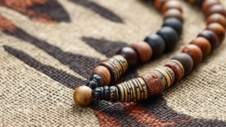 This image showcases a beautiful close-up of colorful handmade beads displayed on a textured natural fabric background, highlighting artistic details and earthly tones.の素材
