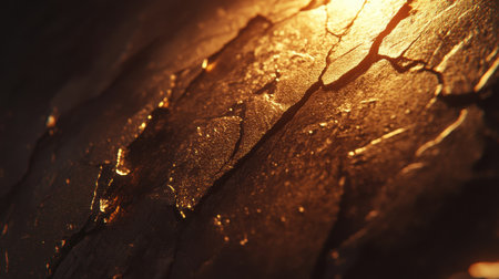 This image showcases a stunning close-up of a cracked surface illuminated by warm golden light, creating an interplay of shadows and highlights.の素材
