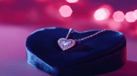 This exquisite heart-shaped pendant necklace, resting on a velvet background, reflects elegance and romance, perfect for jewelry advertising and special occasions.の素材