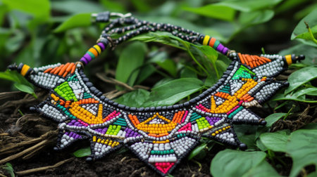 Beautifully crafted handmade necklace featuring vibrant geometric patterns made from colorful beads, set against a lush green background.の素材