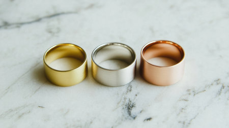 This image features three simple metal rings in gold, silver, and rose gold placed on a marble surface, perfect for promoting jewelry and fashion themes.の素材