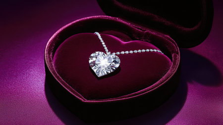 A stunning heart-shaped necklace featuring a brilliant gemstone, elegantly displayed in a plush velvet box on a rich purple background, perfect for celebrations.の素材