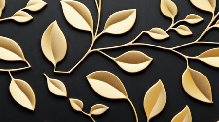 Discover an elegant arrangement of gold leaves and branches artistically set against a dark background, perfect for modern home decor and interior design inspiration.の素材