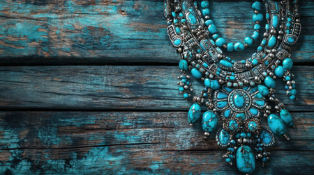 This stunning turquoise jewelry piece showcases intricate designs against a rustic wooden backdrop, highlighting its beauty and craftsmanship. Perfect for fashion inspiration.の素材